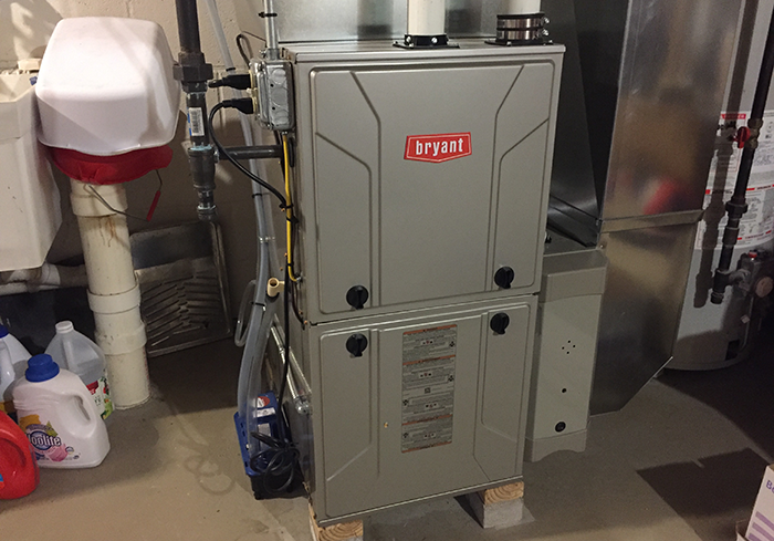 A newly installed, energy efficient Bryant Furnace is shown at a customer’s home in Erie, PA.